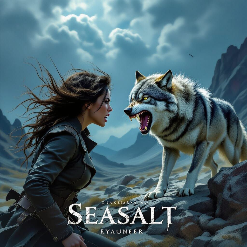 Woman Confronts Snarling Wolf in Stormy Fantasy Landscape