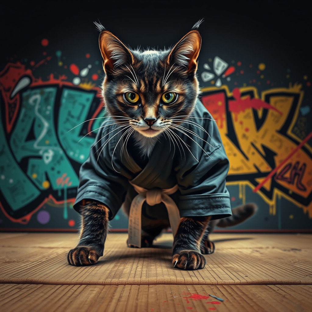 Karate Cat Ready to Strike, Graffiti Art Style