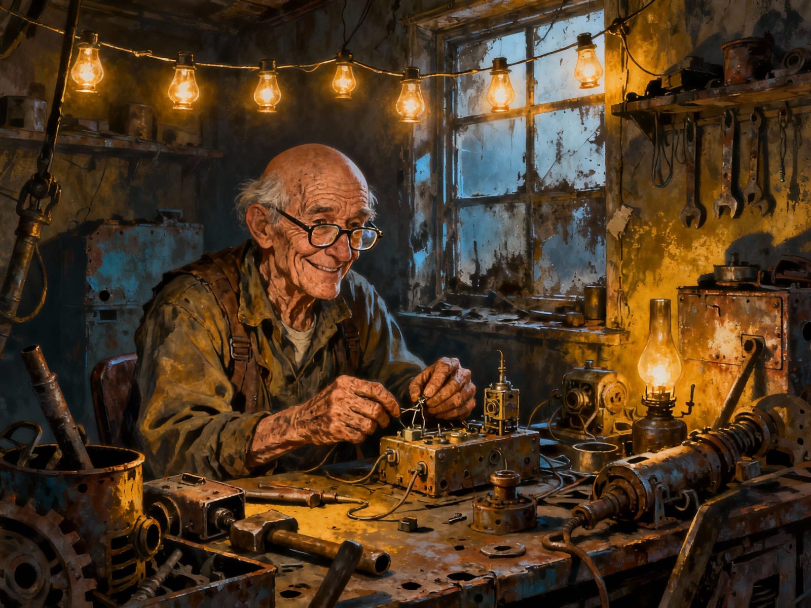 Old Tinkerer in Cluttered Post-Apocalyptic Workshop