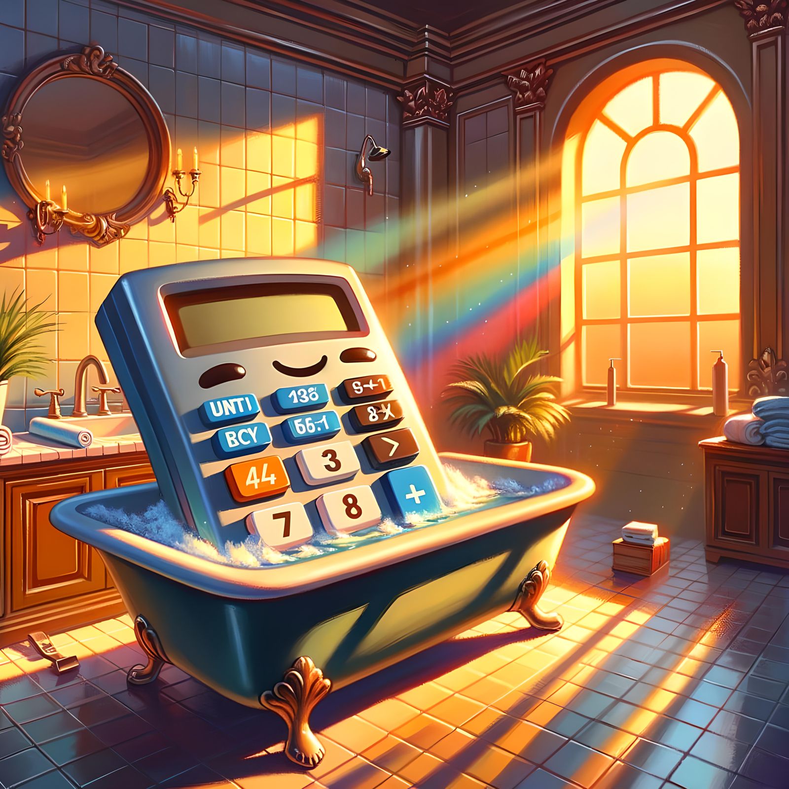 Calculator Character's Bath: Oil Painting Style CGI Art