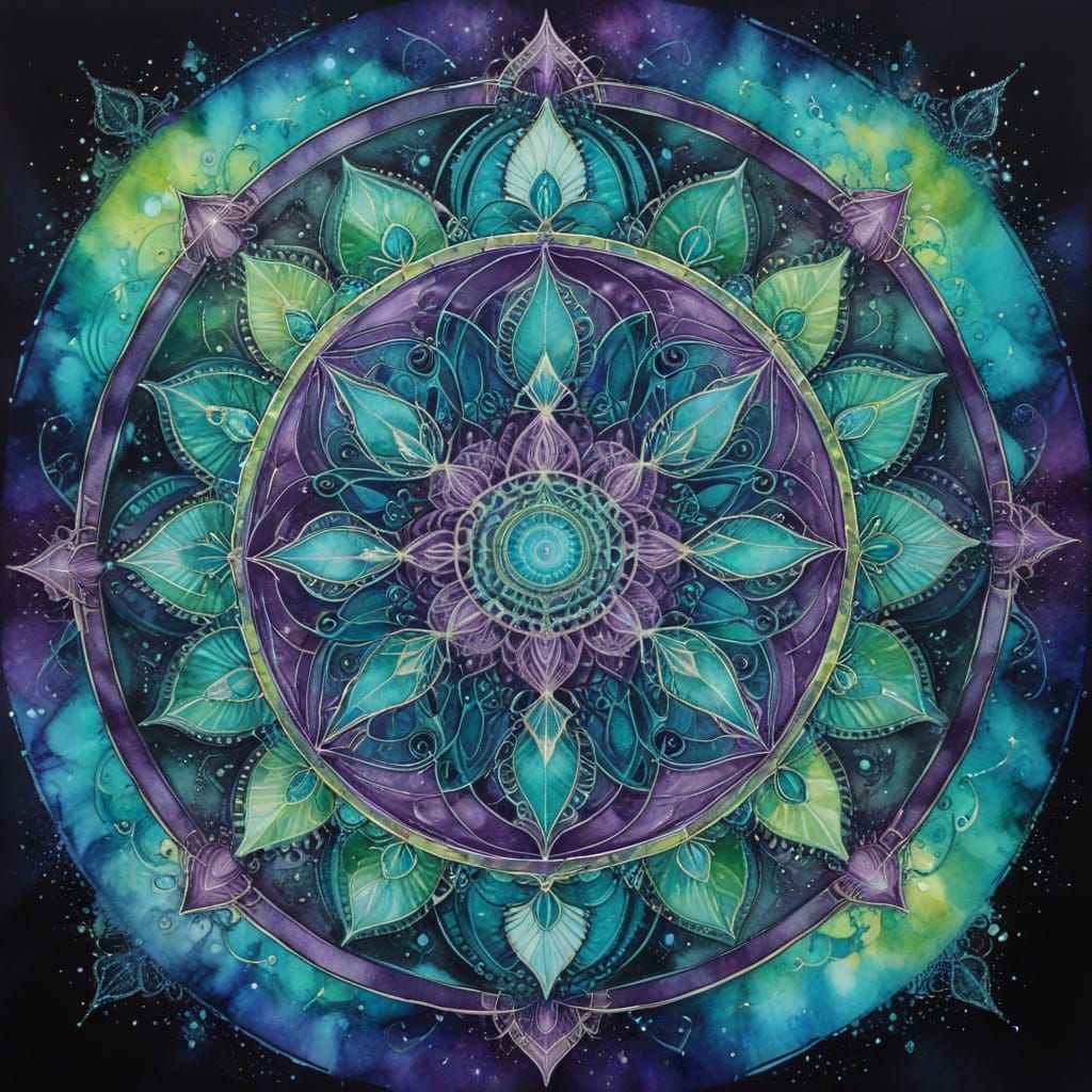 Psychedelic Watercolor Mandala with Cosmic Forms