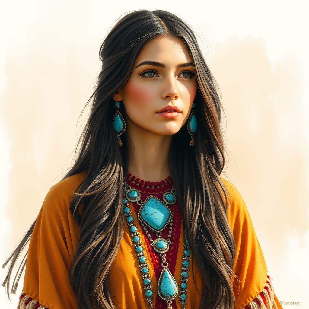 Southwestern Princess in Watercolor and Pen Sketch Style