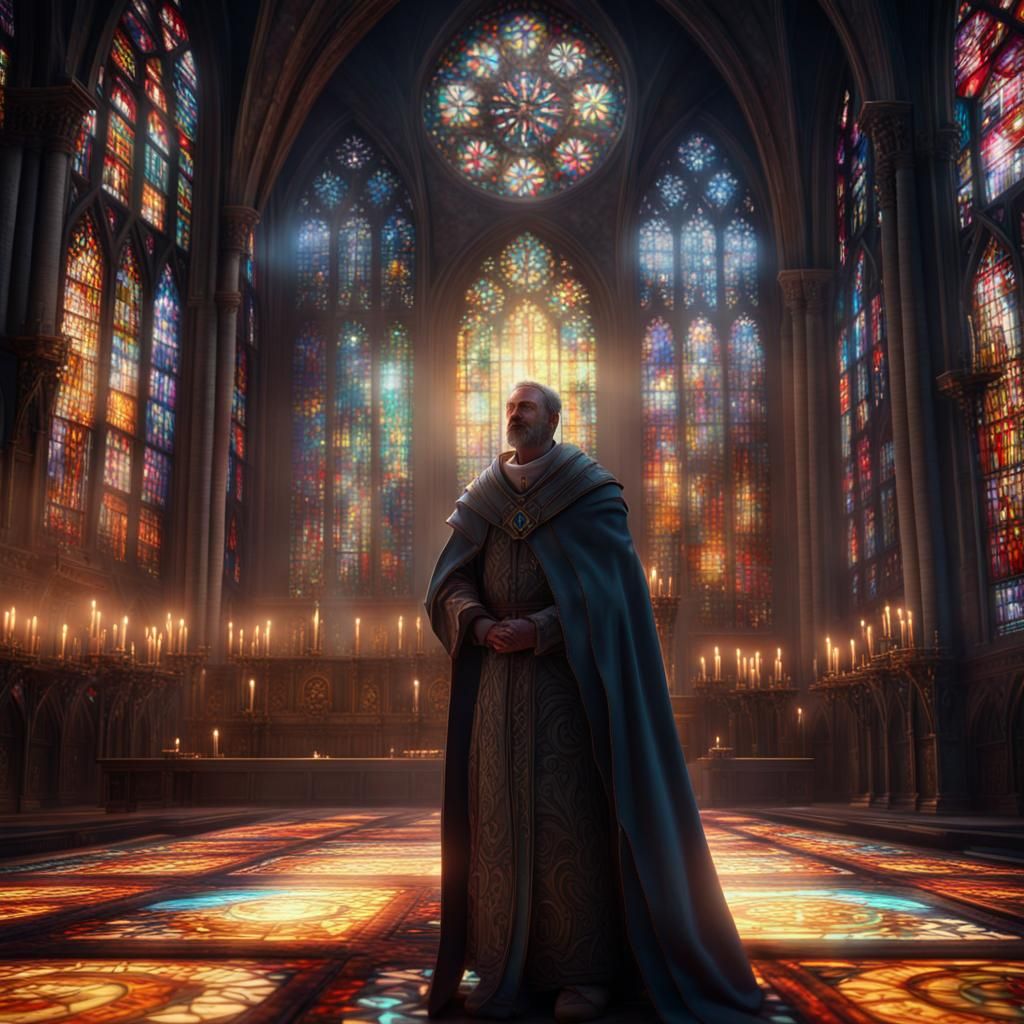 Wide shot of a Male cleric character. He is standing in a dark cathedral surrounded by vibrant stained glass windows. Mo...