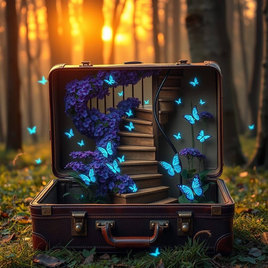 Magical Staircase Inside Vintage Suitcase in Forest