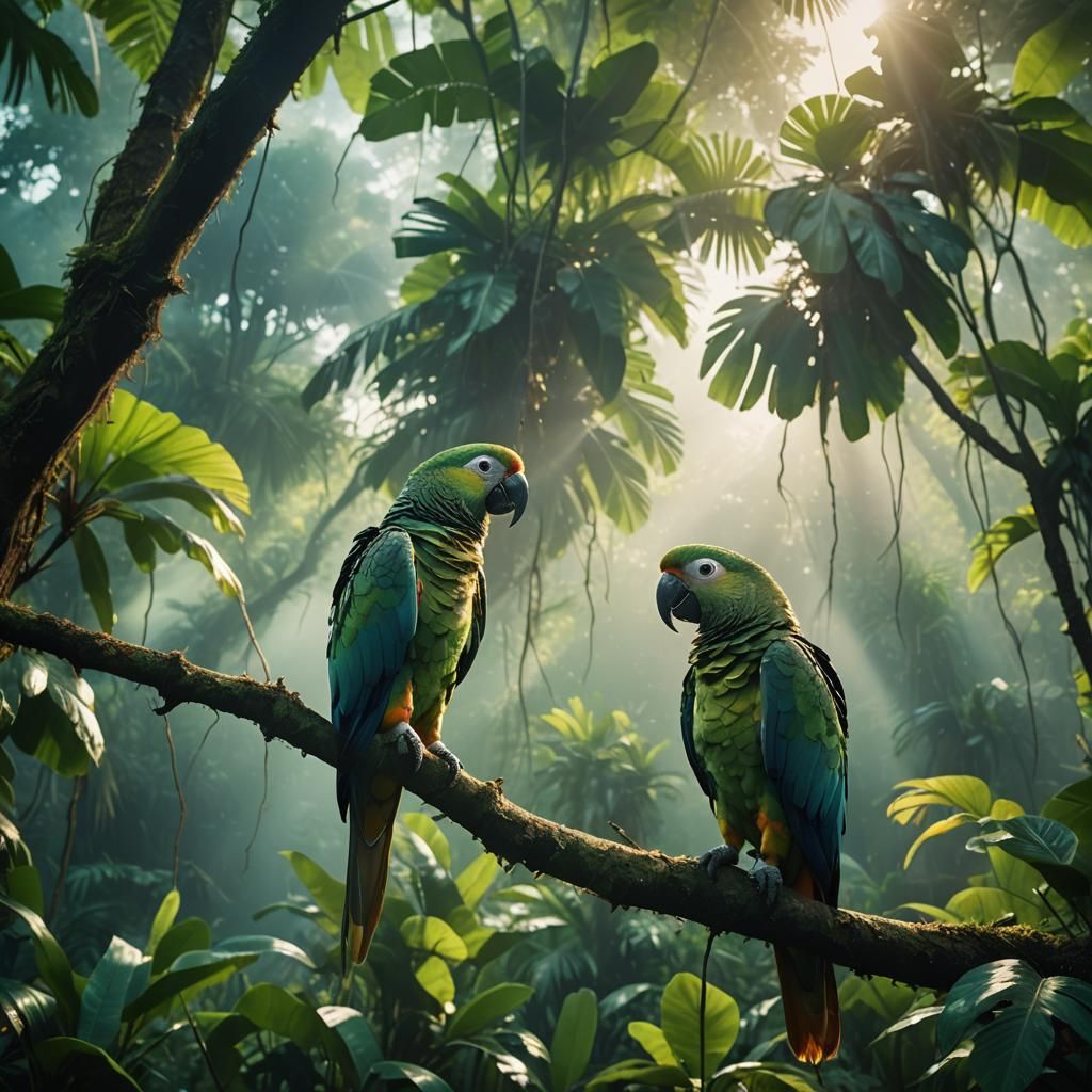 Parrots in Jungle: Cinematic Film Still