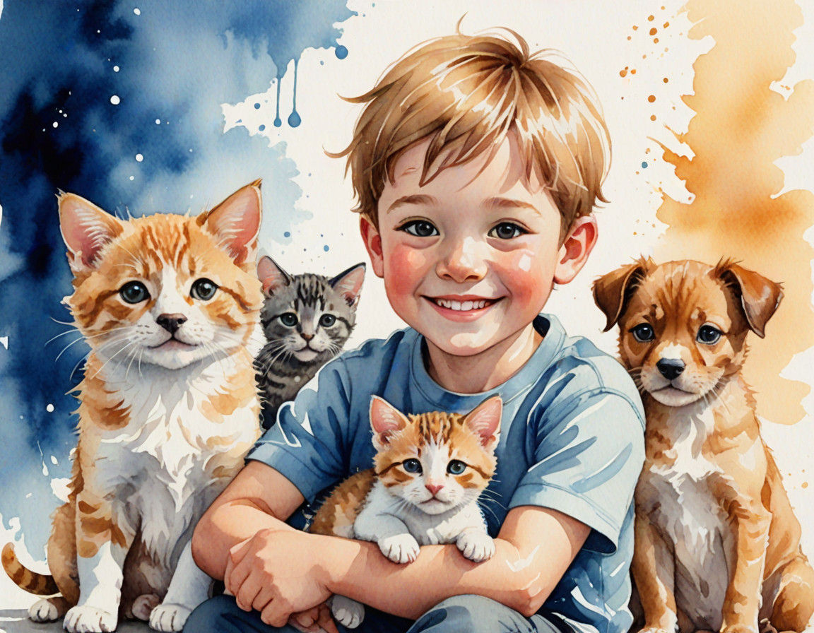 Adorable Boy Plays with Puppies and Kittens in Whimsical Wat...