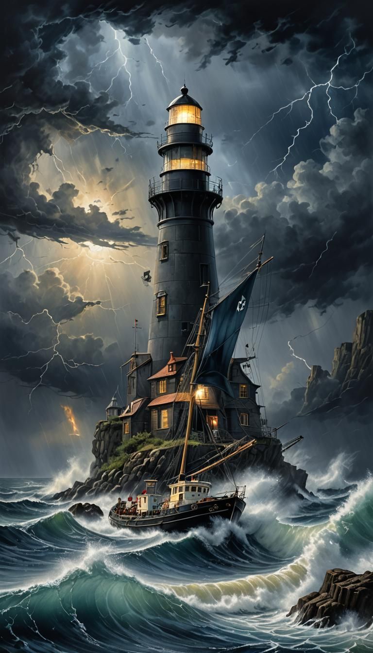 Black sky, Lighthouse in storm,  boat in difficulty, blue Ma...