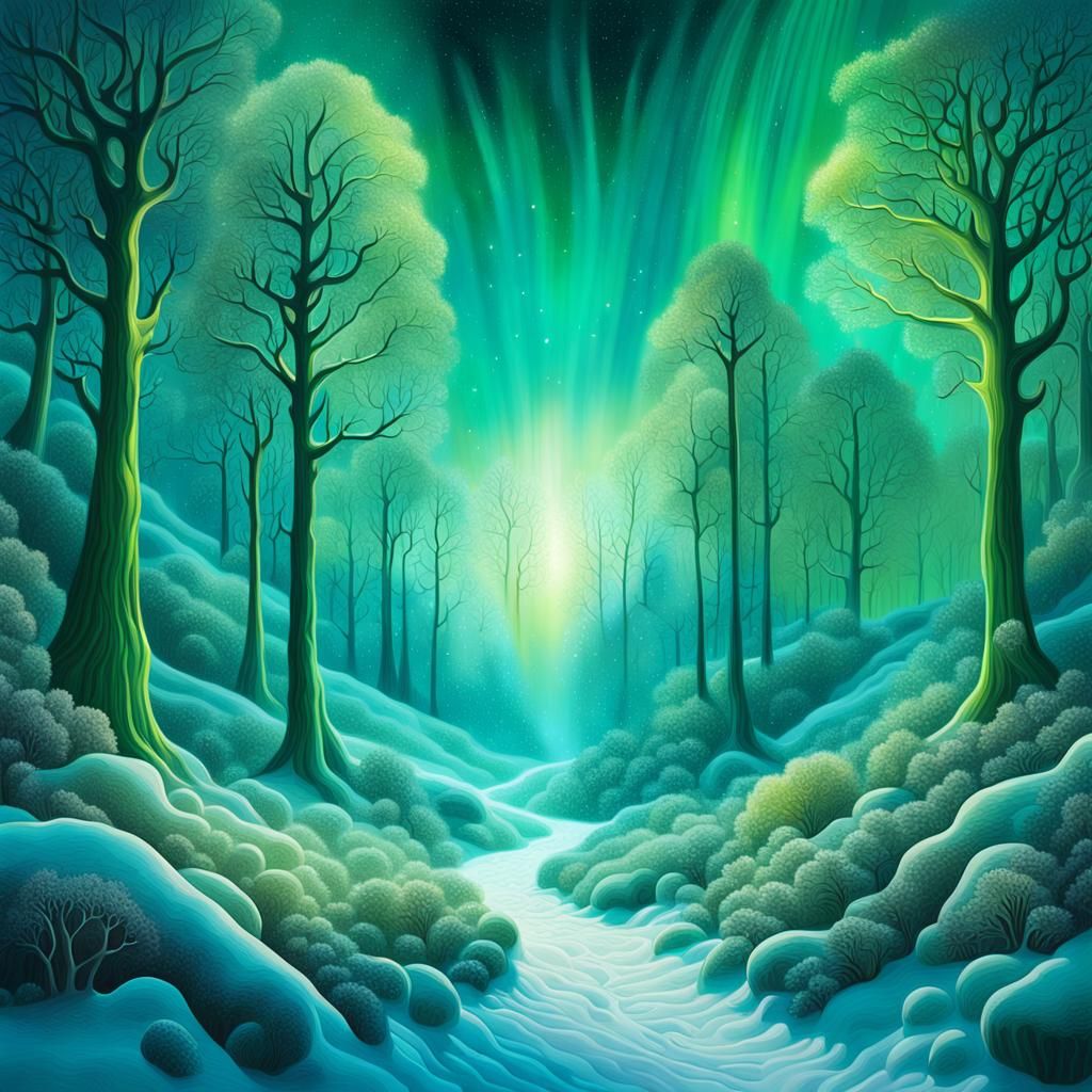 Surreal Cosmic Green Trees in Snowy Forest
