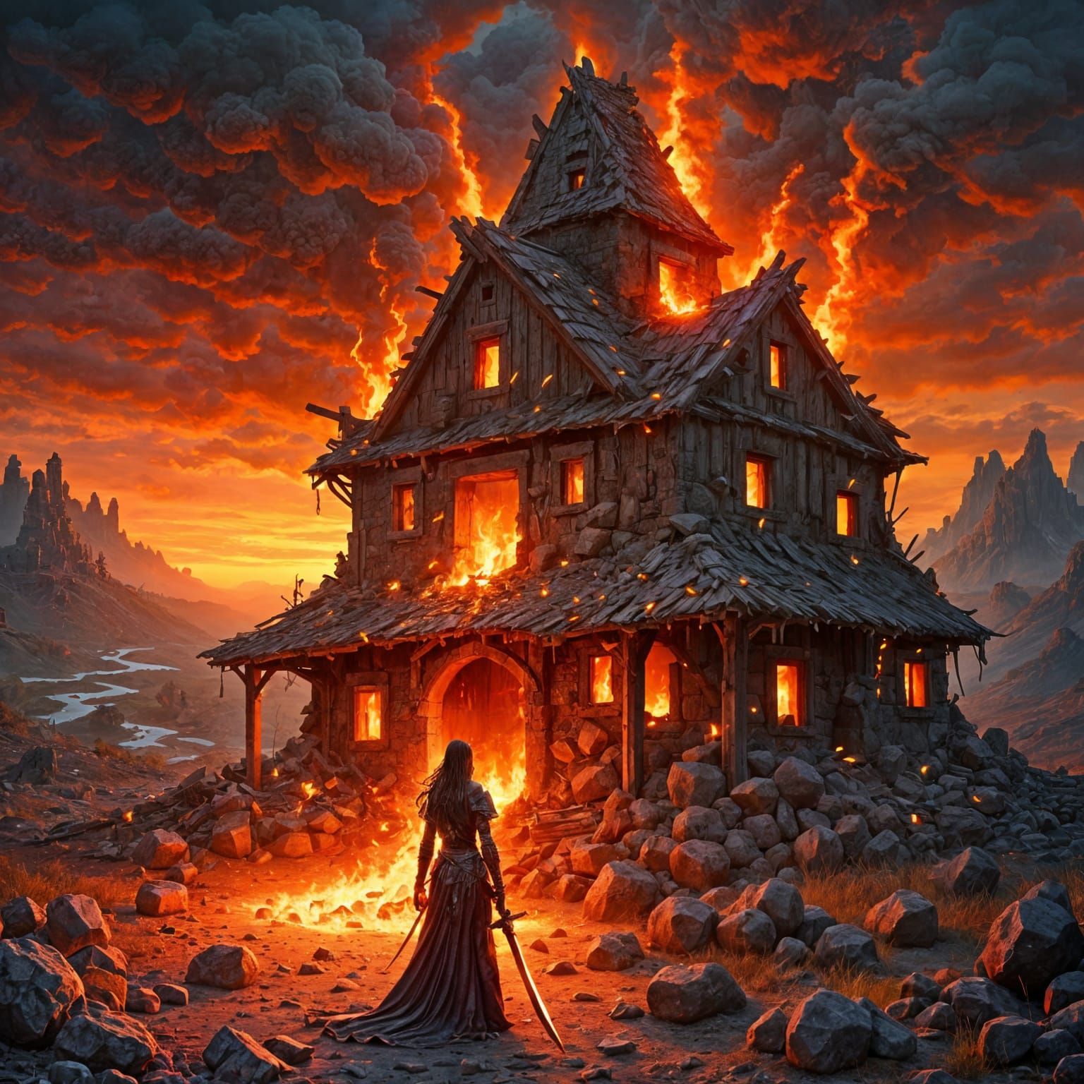 Maiden Warrior in Ruins with Molten Lava Sword