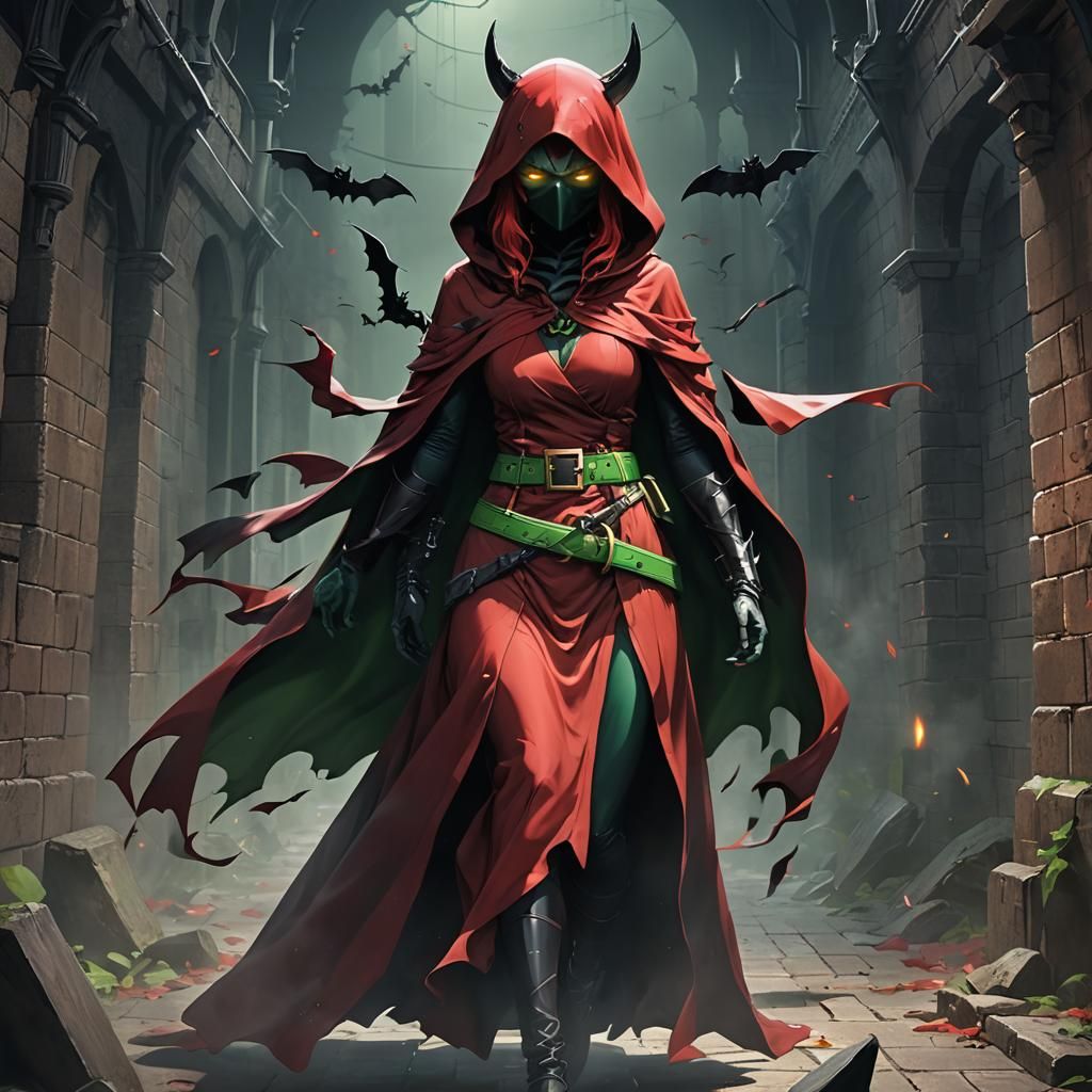 Eerie Red-Hooded Woman with Witch Hands in Dungeon