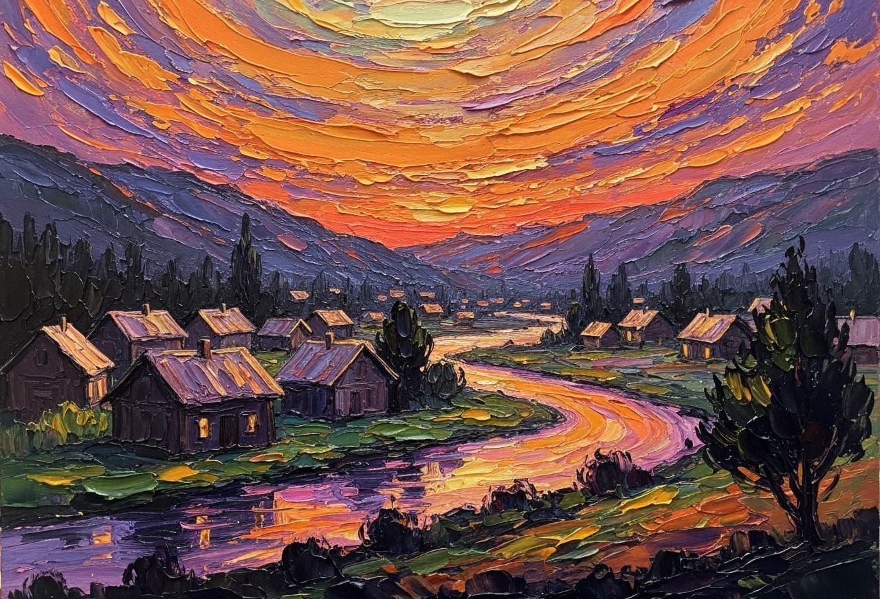 Impressionist Village at Dusk with Orange Sky