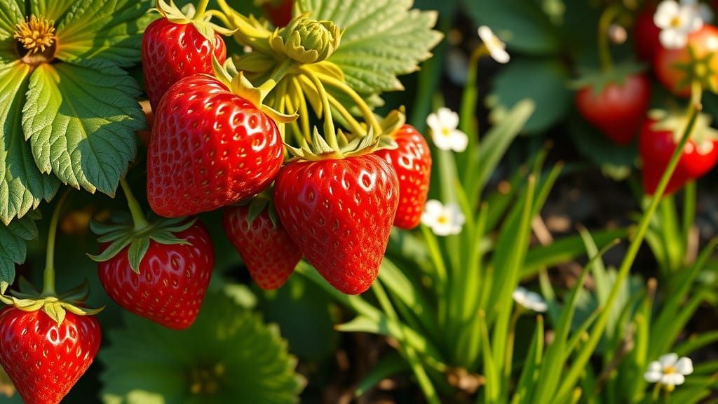 Vibrant Strawberries on a Lush Bush in a Sunny Meadow