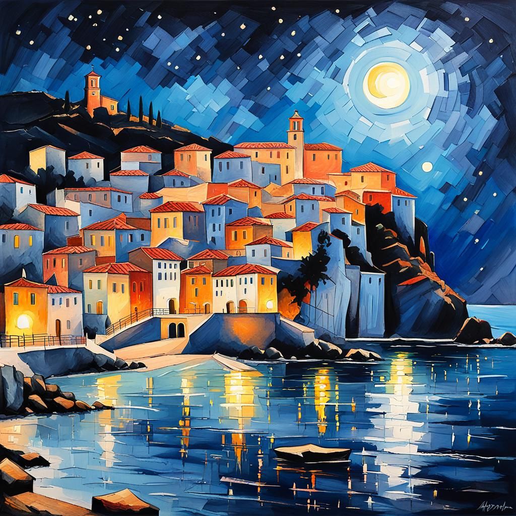 Mediterranean Town Gouache Painting Under Moonlight