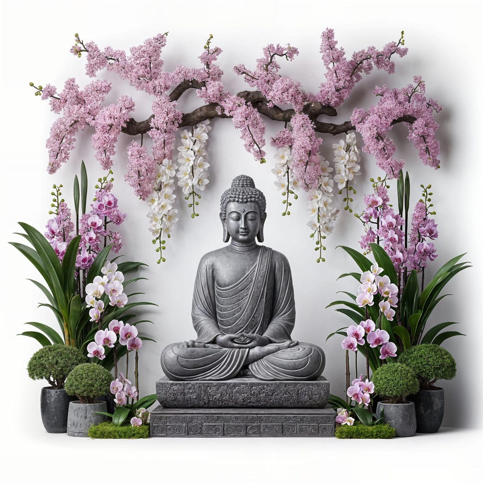 Buddha Statue with Orchids and Cherry Blossoms