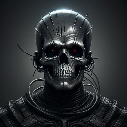 A metallic human vampire skull adorned with hanging fibre optic wires, rendered in the style of Jason de Graaf and James...