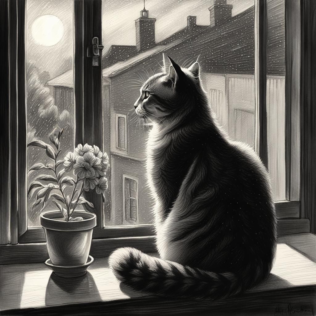 Cat Gazing at Snowfall: Hyperdetailed Charcoal Drawing