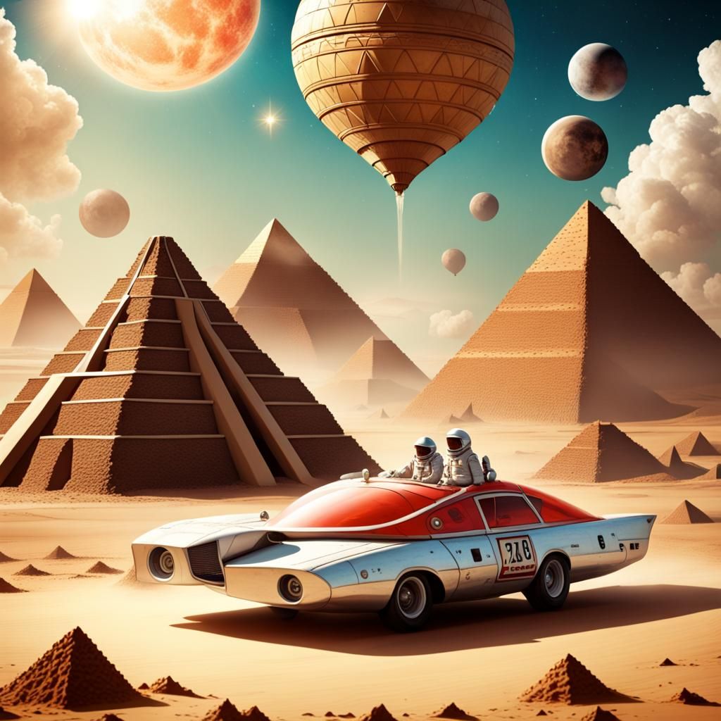 Chaotic Collage of Race Cars, Spaceships, and Pyramids