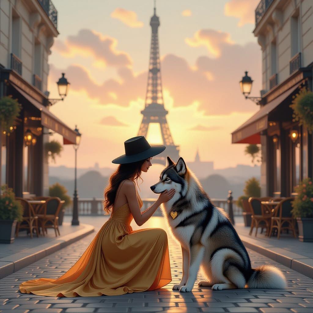 Parisian Woman and Wolf in Art Nouveau Style