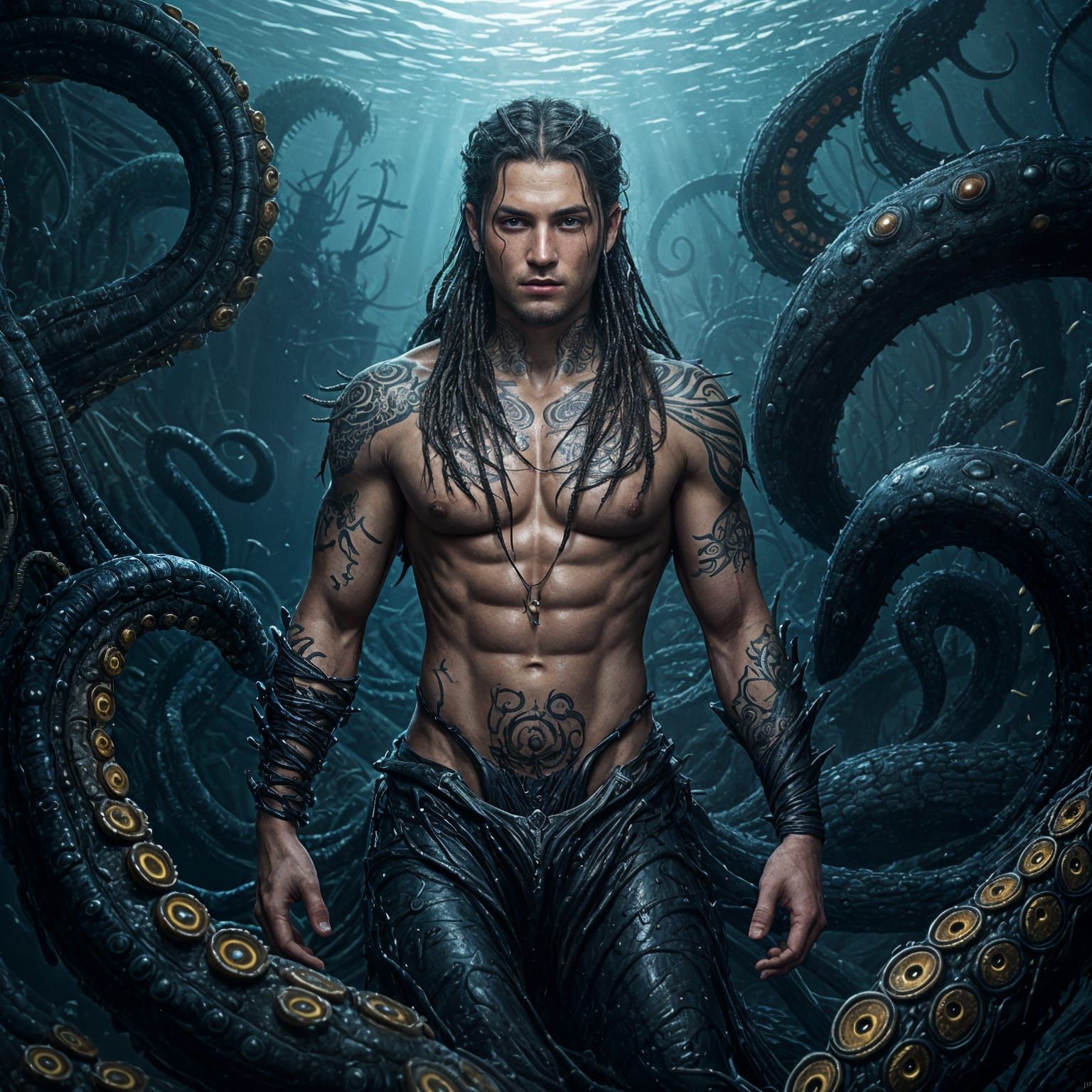 Kraken Hybrid in Mariana Trench: Dark Fantasy Art