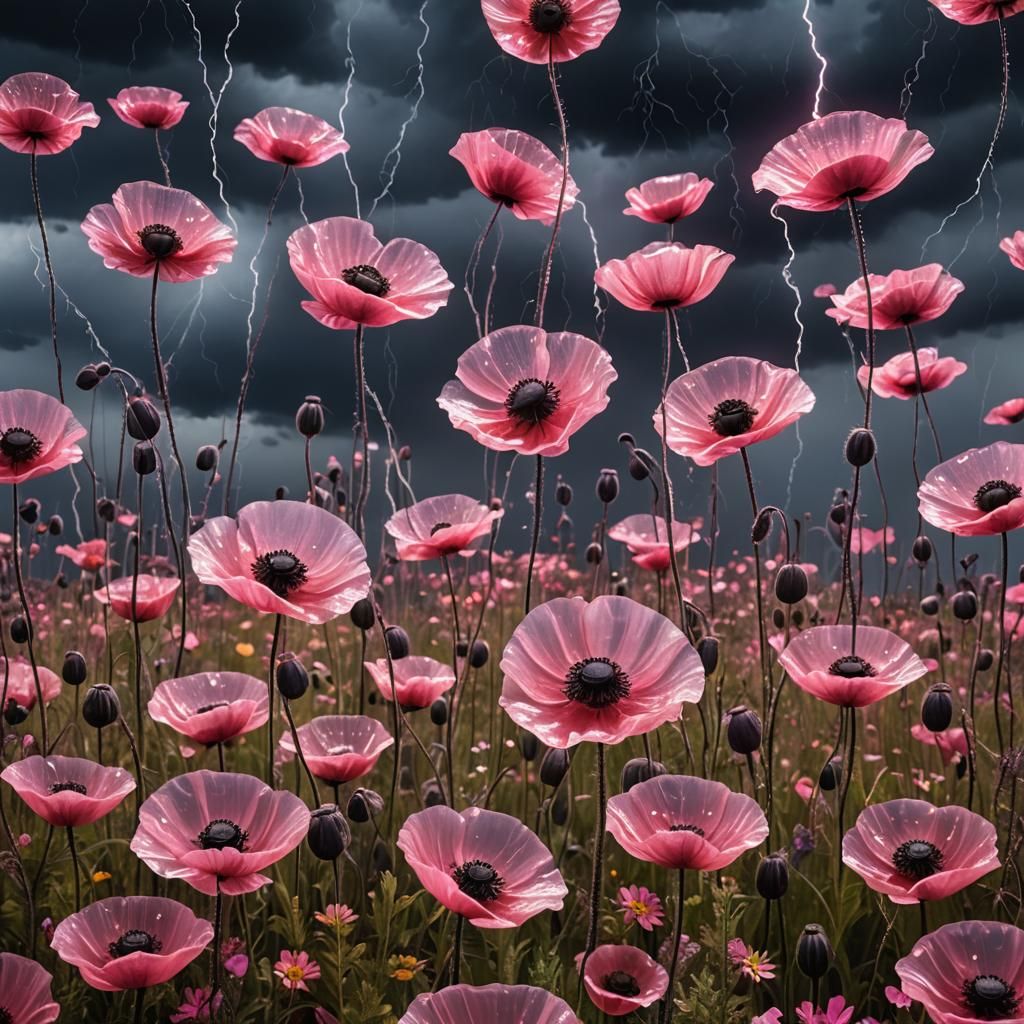 Futuristic Glass Poppies Under Lightning Sky