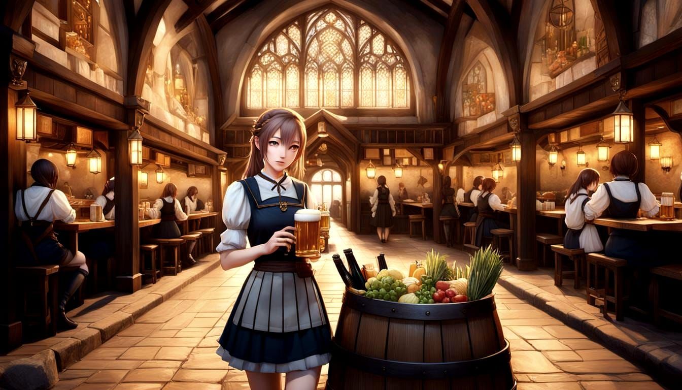 Anime Waitresses at Medieval Restaurant, 3D Art