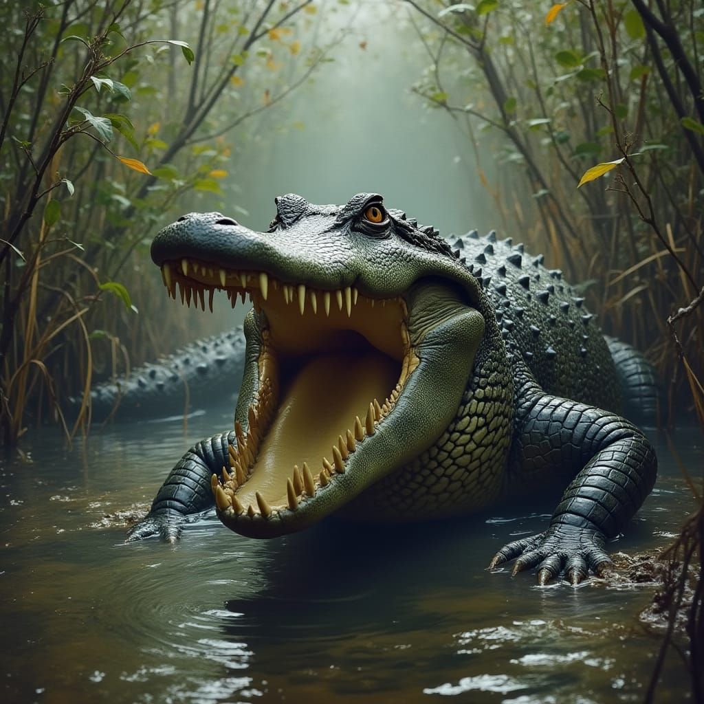 American Alligator in Primordial Marsh, Ready to Strike