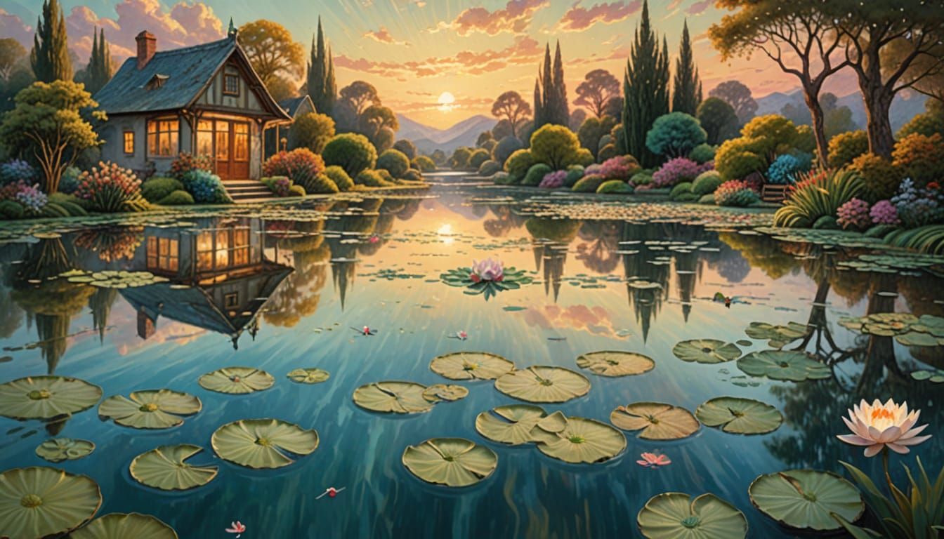 Watercolor Pond Scene with Koi Fish and Luminous Lily Pads