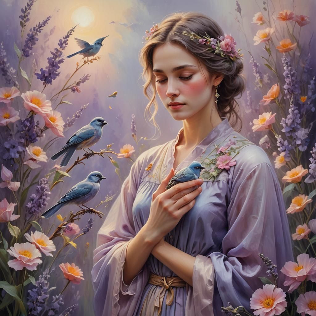 Ethereal Woman with Bird, Oil Painting Style