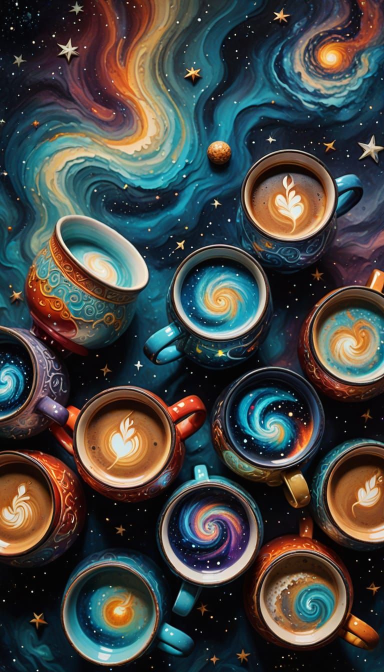 Cosmic Coffee Mugs in Surreal 3D Impasto