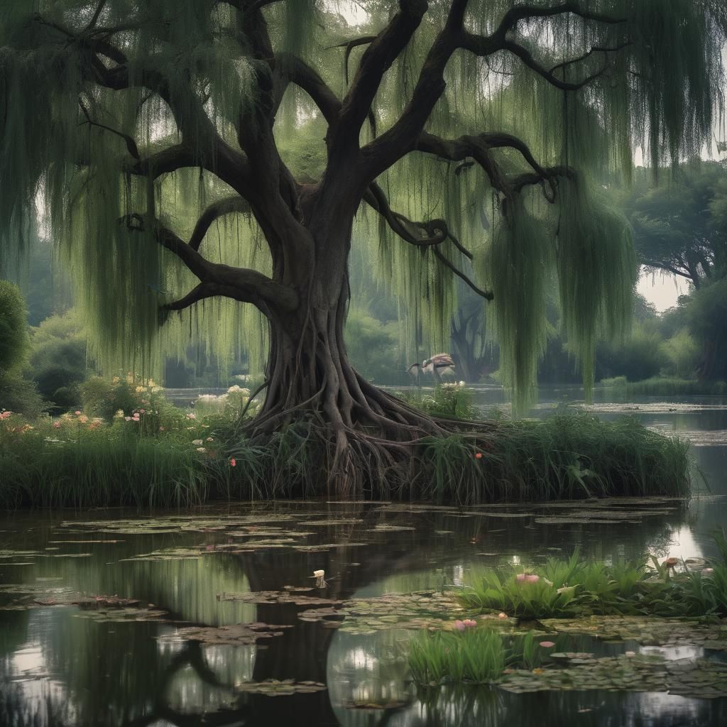 Weeping Willow by Romantic Pond: Cinematic Film Still