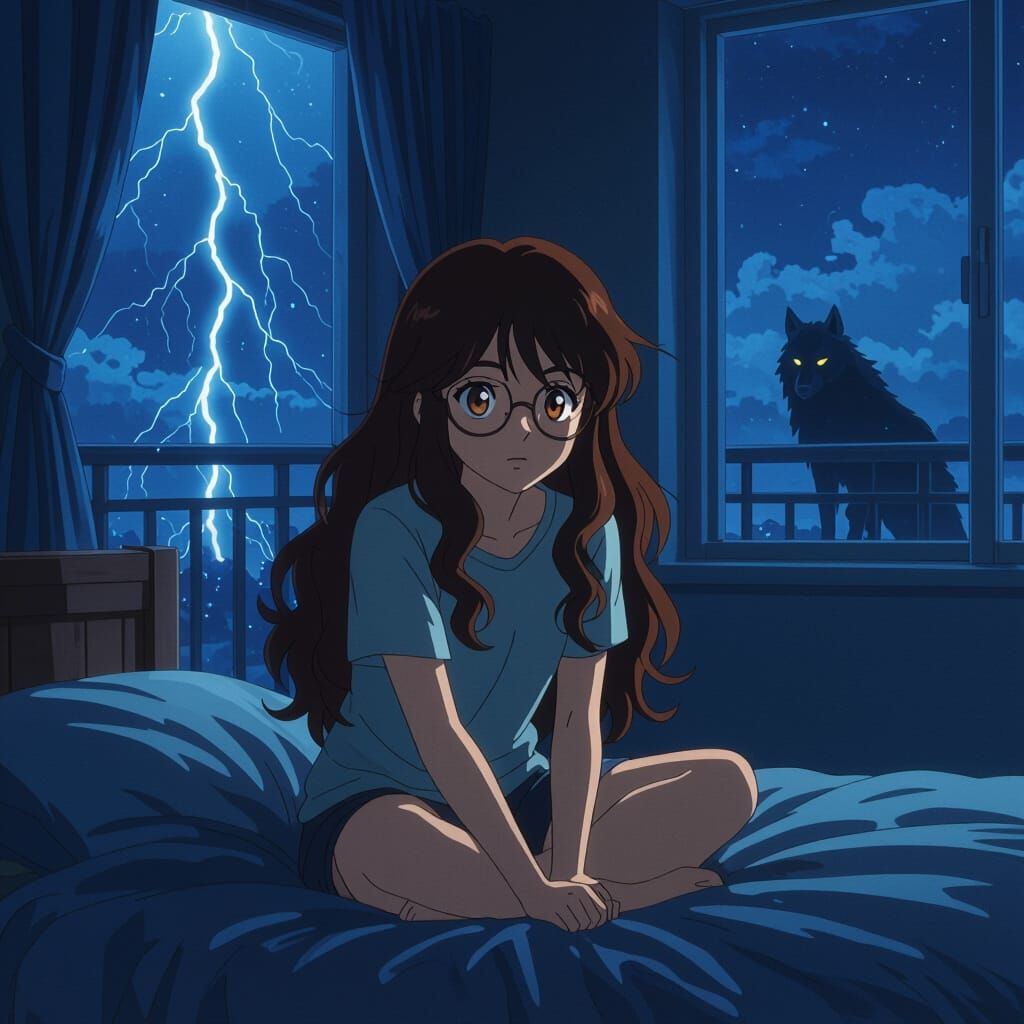 Anime Bedroom Scene: Girl, Wolf Shadow, Lightning