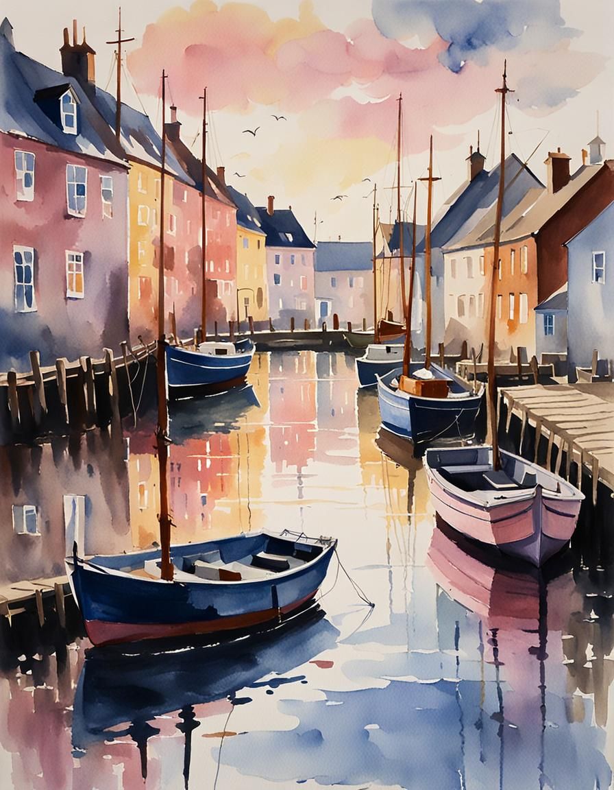 Danish Harbor in Evening Light, Impressionist Watercolor