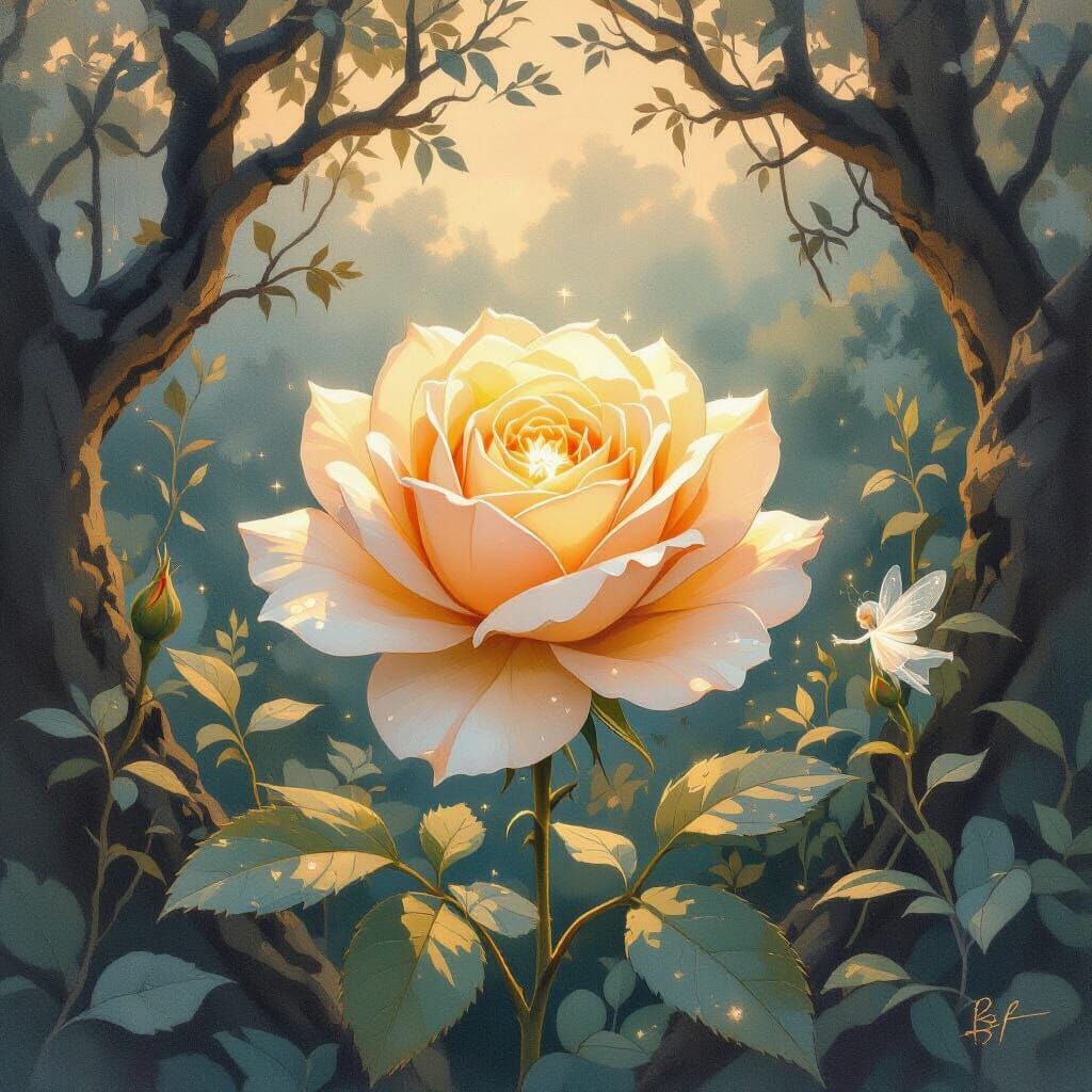 Golden Flower With Emerging Pixie, in Impressionist Style