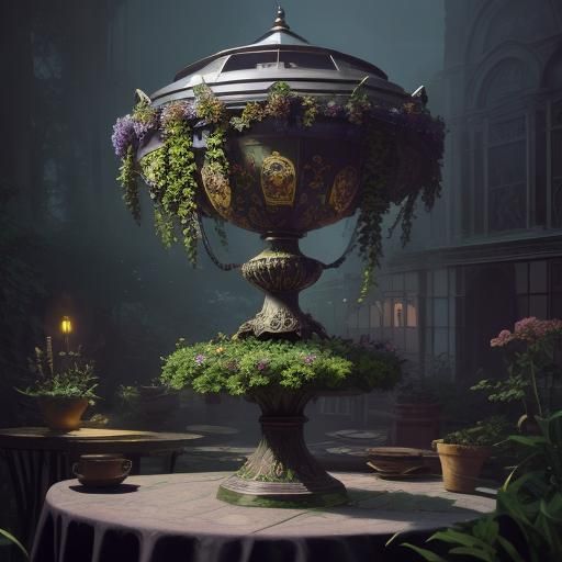 Vintage Zoetrope in Garden: Dark Fantasy Concept Art