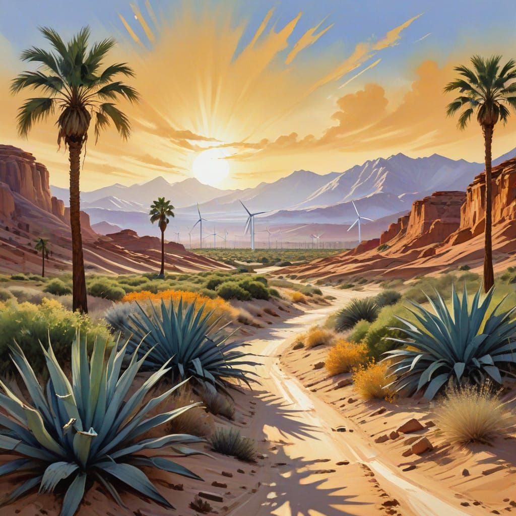 Surreal Desert Paradise Powered by Solar Energy in Gouache S...