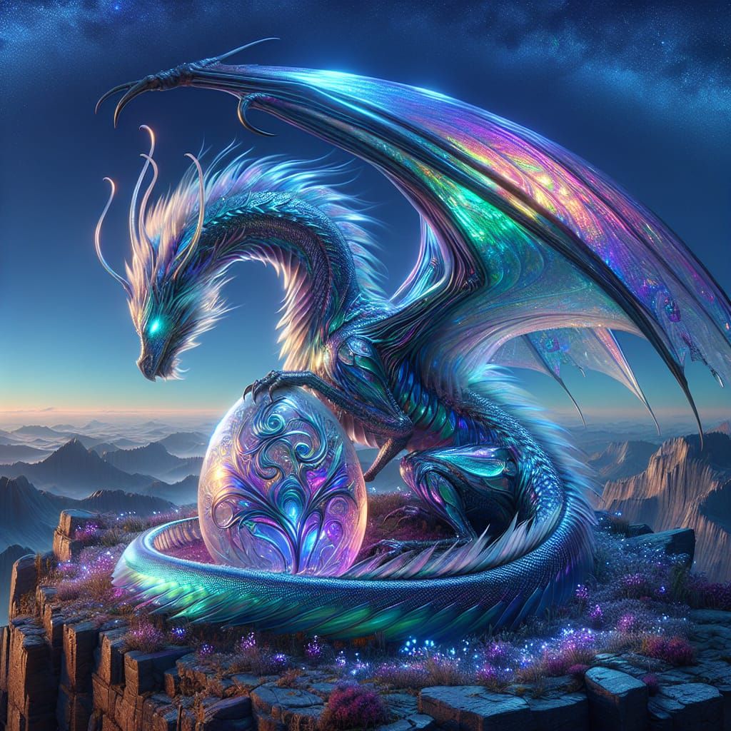 Iridescent Dragon Guards Glittering Egg on Fantastical Escar...