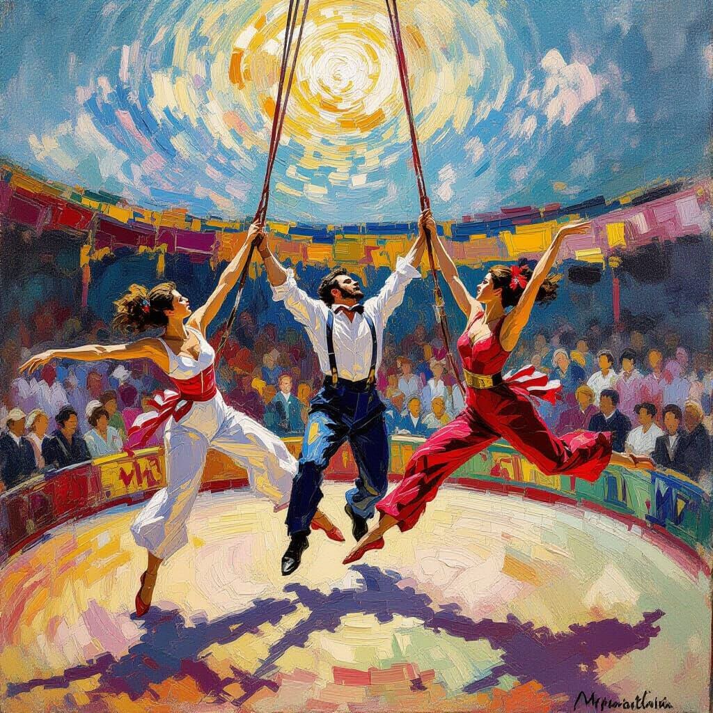 Circus Acrobats Swinging Performer in Epic Impressionist Sty...