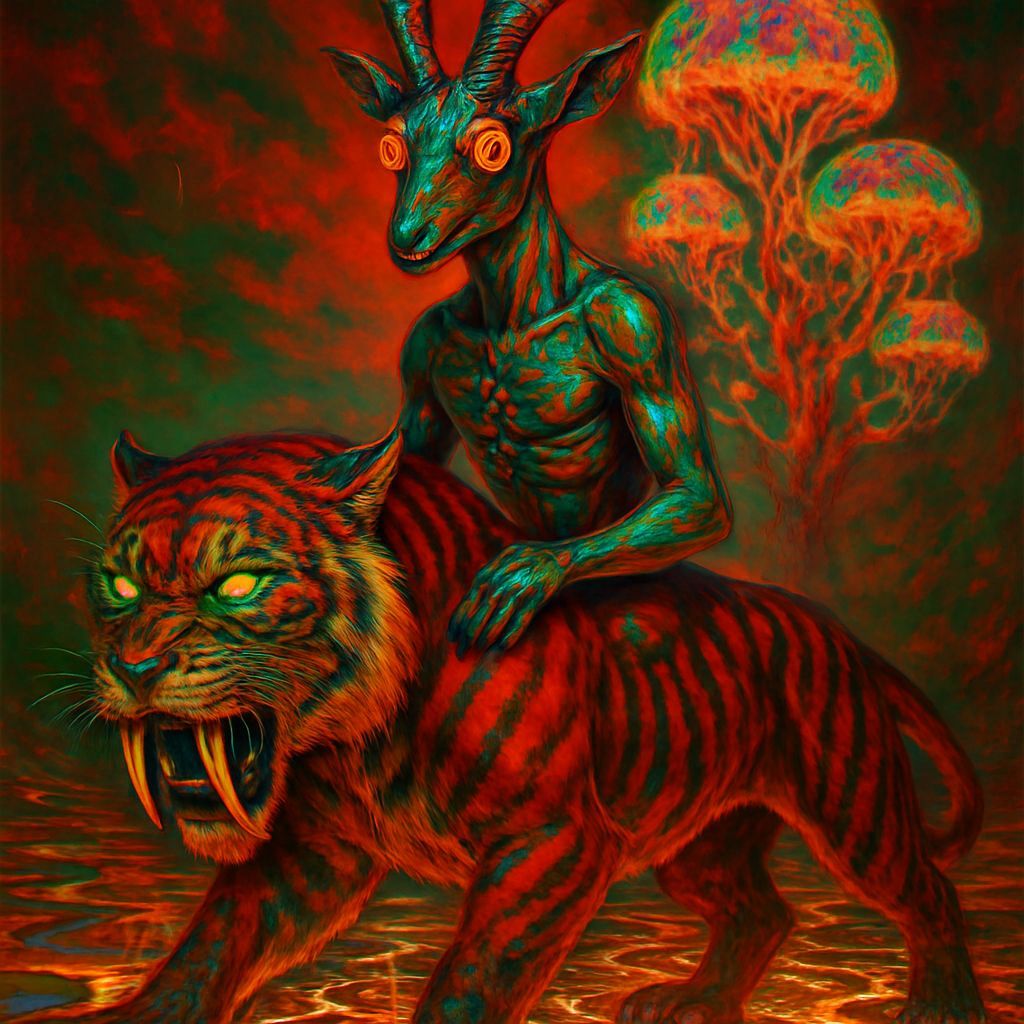 Psychedelic Alien Ruler Atop Sabertooth Cat