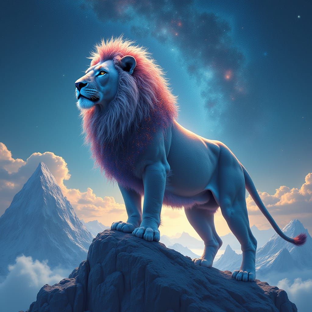 Stardust Lion on Crystalline Peak Under Galaxy Sky