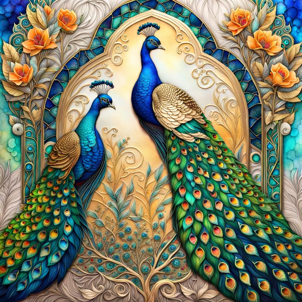 Peacocks in Palace Gardens with Gold Embellishments