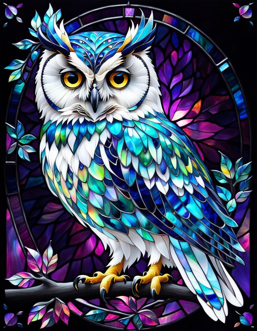 Kaleidoscopic Stained Glass Owl in Art Nouveau Style
