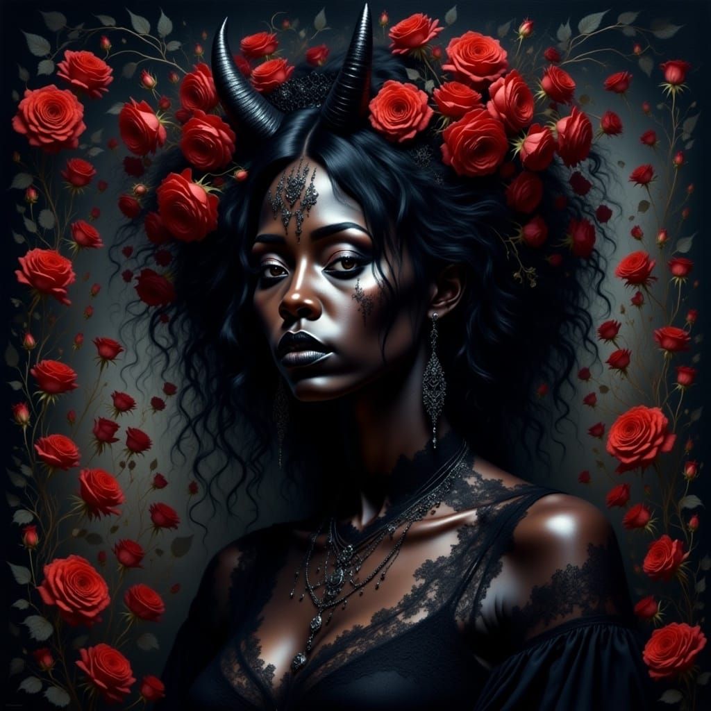 Gothic Floral Fantasy Woman Portrait in Watercolor