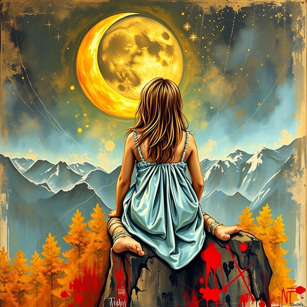 Girl Contemplates the Crescent Moon in a Medieval Gold and S...