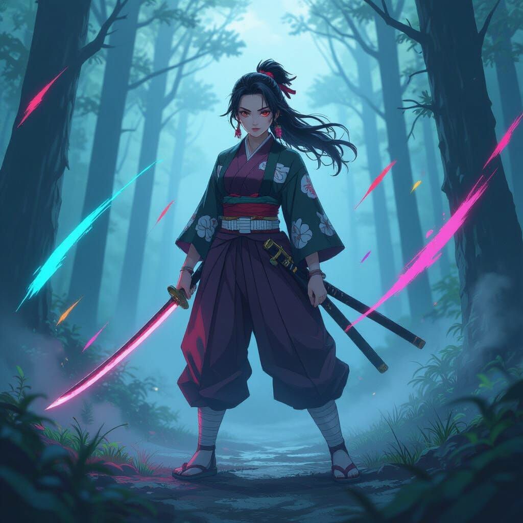 Dynamic Woman Hashira in Mystical Forest, Demon Slayer Style