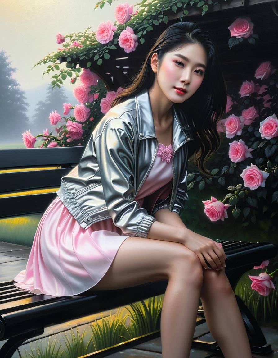 Chiaroscuro Oil Painting of Woman in Floral Garden