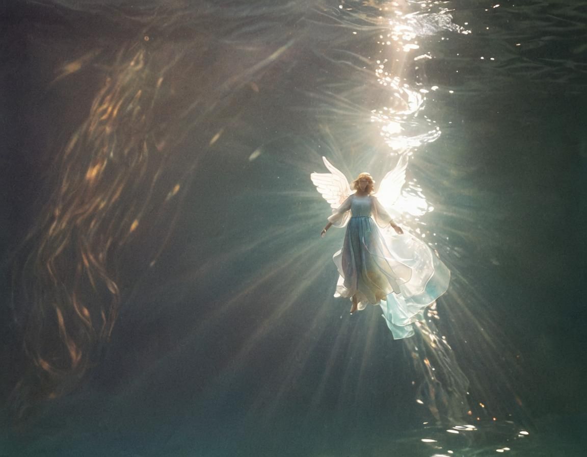 Angel Descends Underwater in Surrealist Watercolor Art