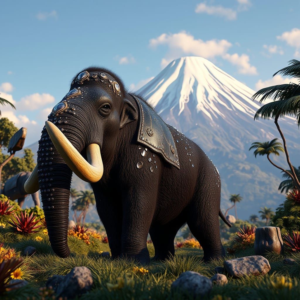 Majestic Black Mammoth Adorned with Precious Stones in a Lus...