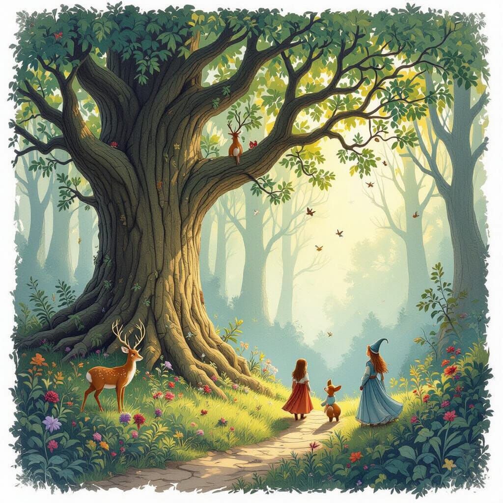 Magical Forest with Animals and Fairies in Artistic Style