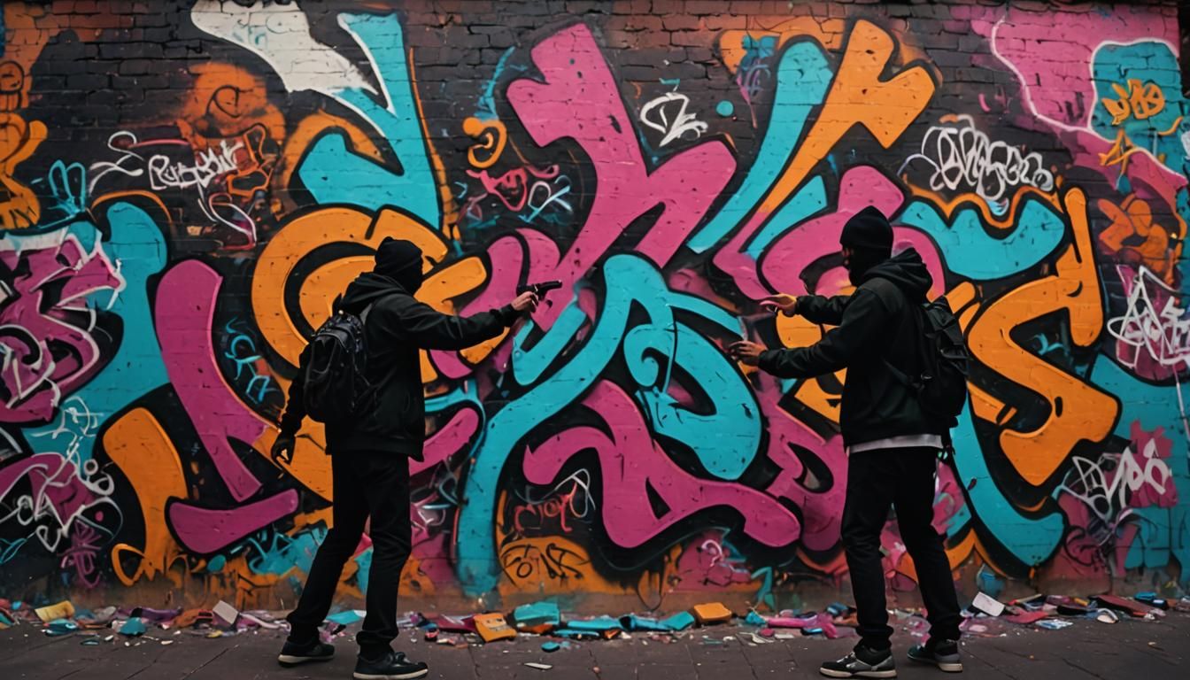 Graffiti Duel on a Crumbling Wall in Vibrant Neon