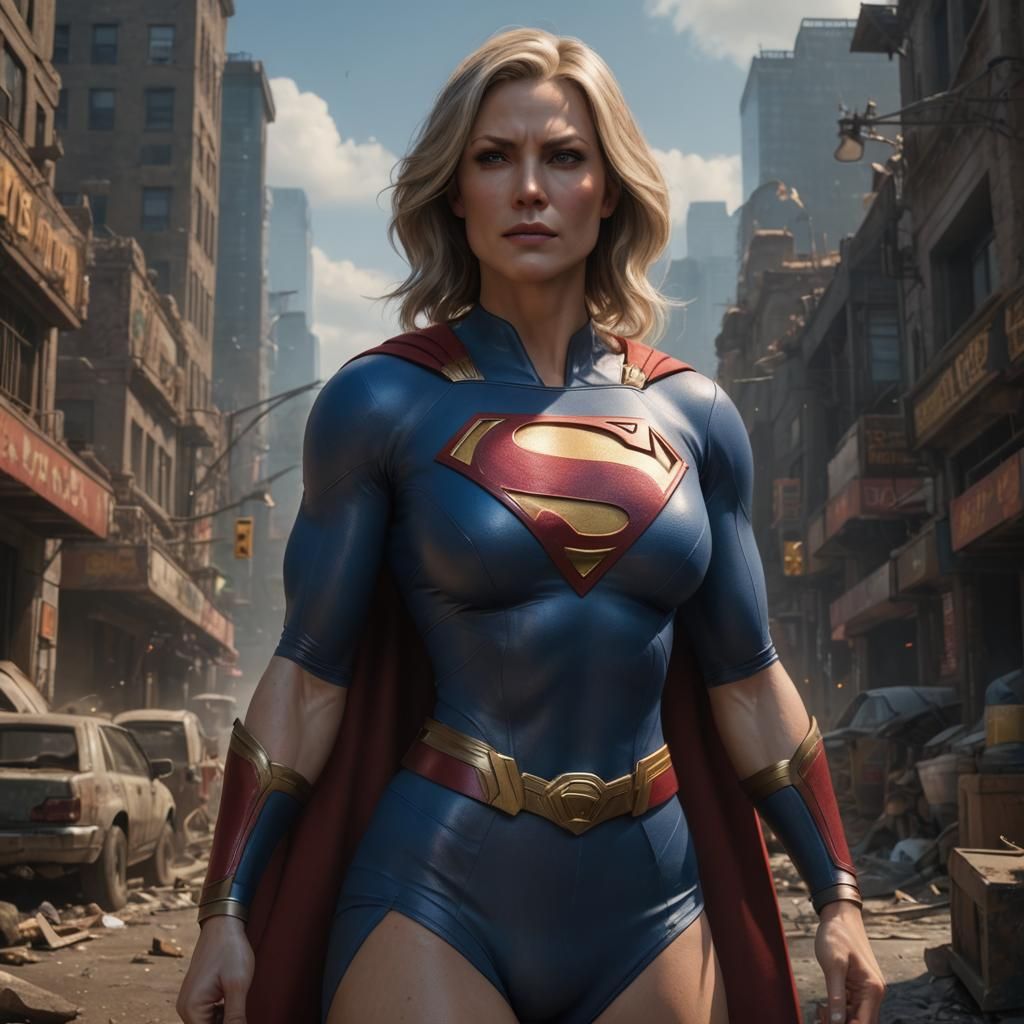 Muscular Supergirl in Bikini Top: Detailed Matte Painting